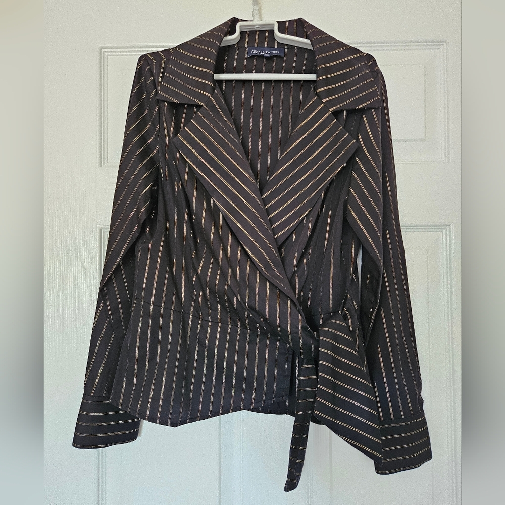 Vintage Jones New York Signature Blazer Black & Gold Stripes Side Knot Womens M